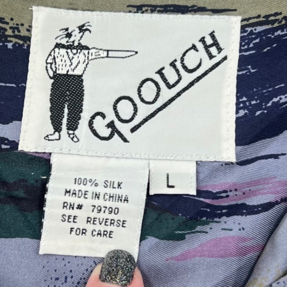 Goouch Vintage 90s Silk Abstract Brushstroke Print Shirt Men's Large Blue Purple - Picture 9 of 11